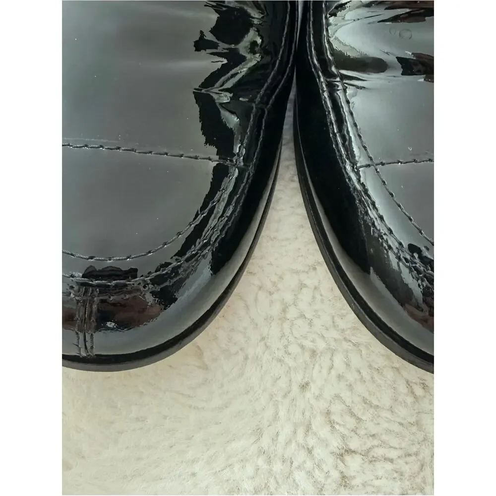 Chanel Lace Up Ankle Boots Black Patent Leather Block Heel CC 39 EU